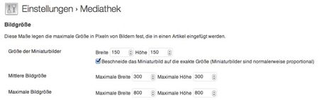 Screenshot der Mediathek Einstellungen – Bereich Bildgrösse
